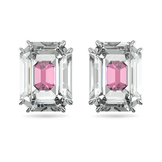 Chroma stud earrings, Octagon cut, Pink, Rhodium plated