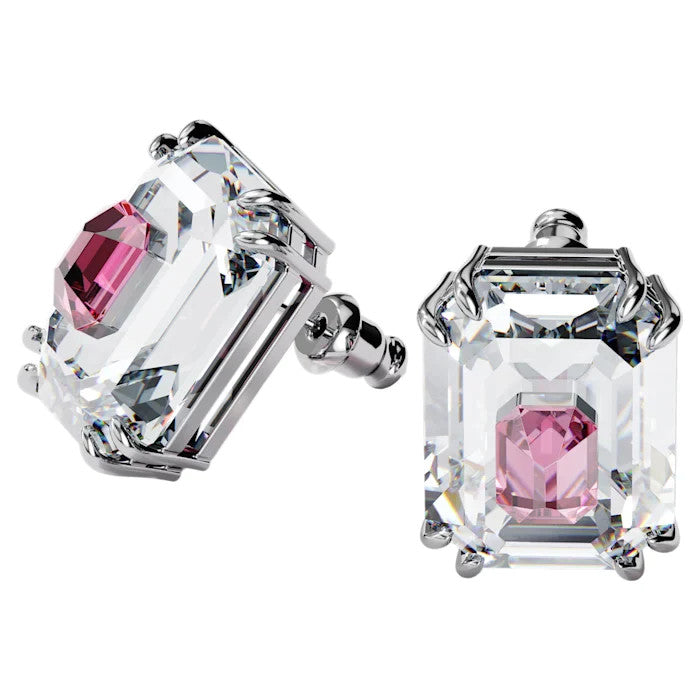 Chroma stud earrings, Octagon cut, Pink, Rhodium plated